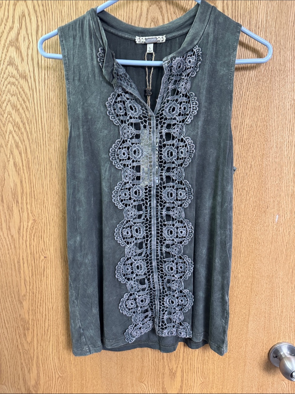 gimmicks by BKE Olive Green Crochet-Front Sleeveless Tank